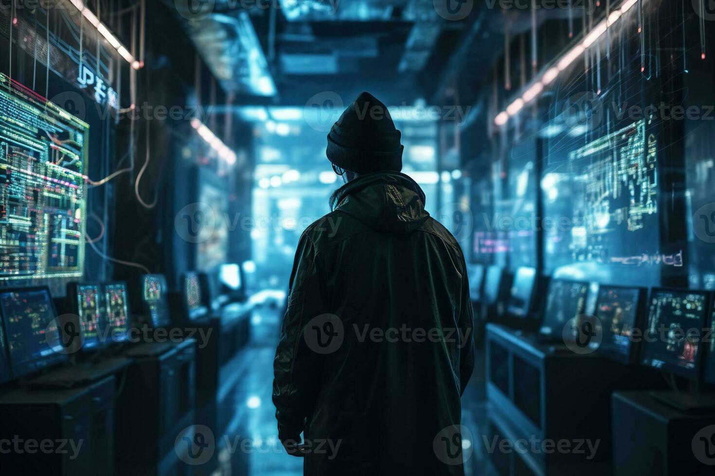 Back view of hacker in server room. Concept data security. Generative AI. photo