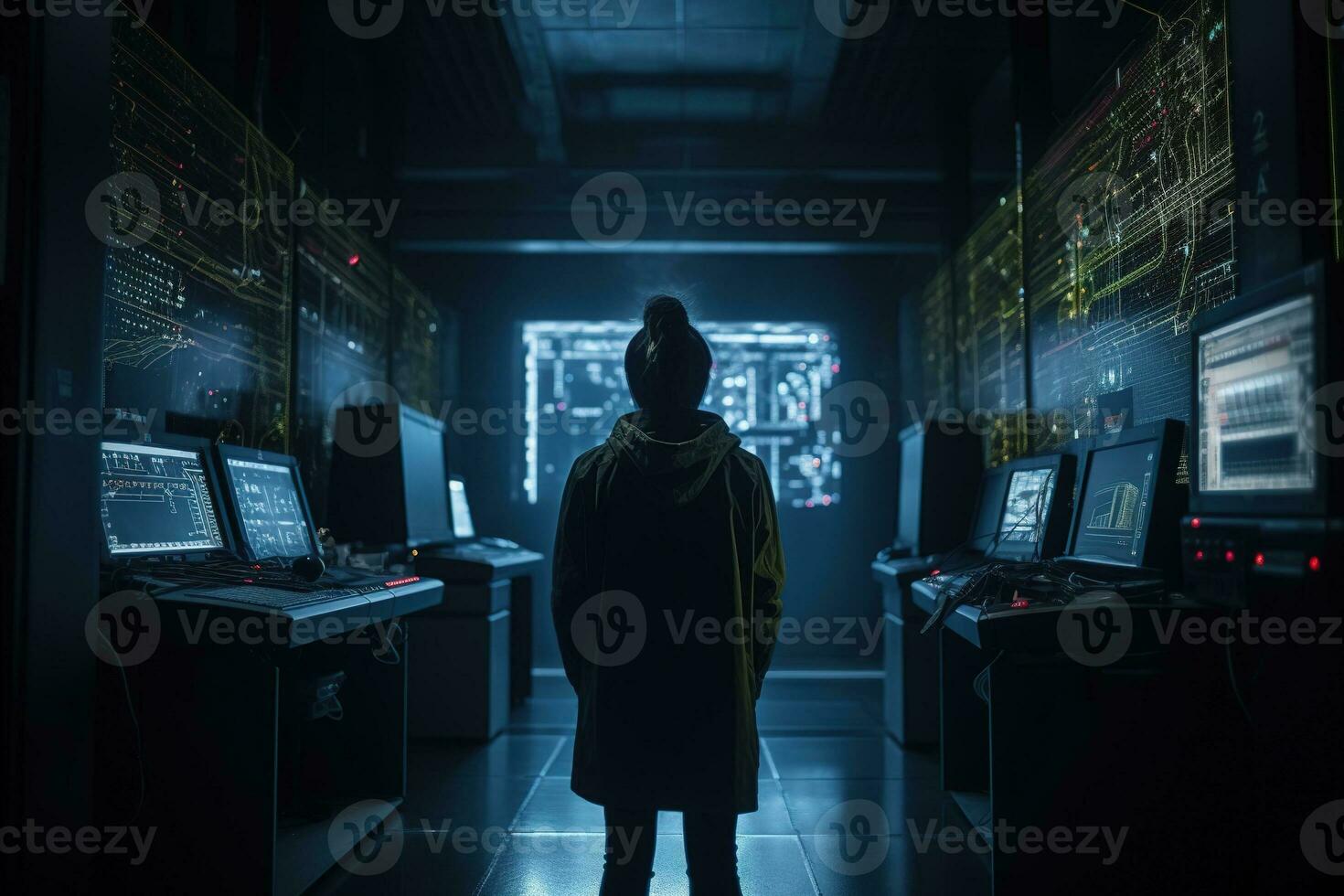 Back view of hacker in server room. Concept data security. Generative AI. photo