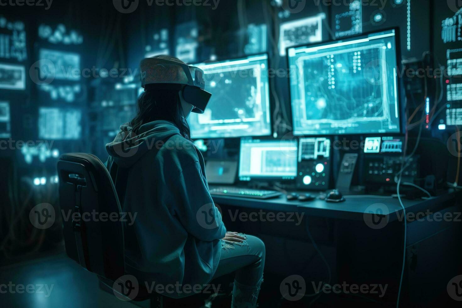 Back view of hacker in server room. Concept data security. Generative AI. photo
