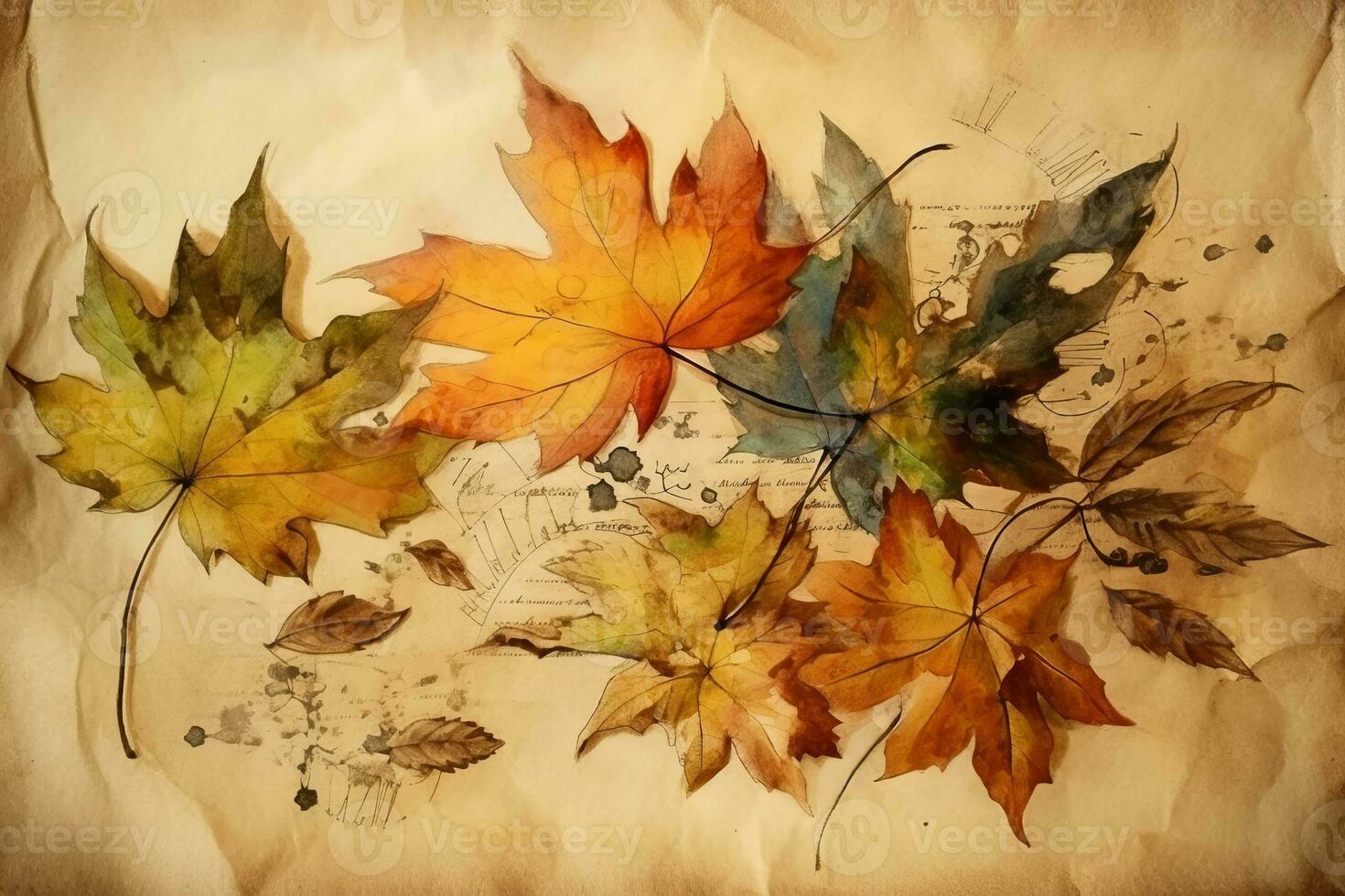 Autumn leaves watercolor on vintage parchment paper. Generative AI photo