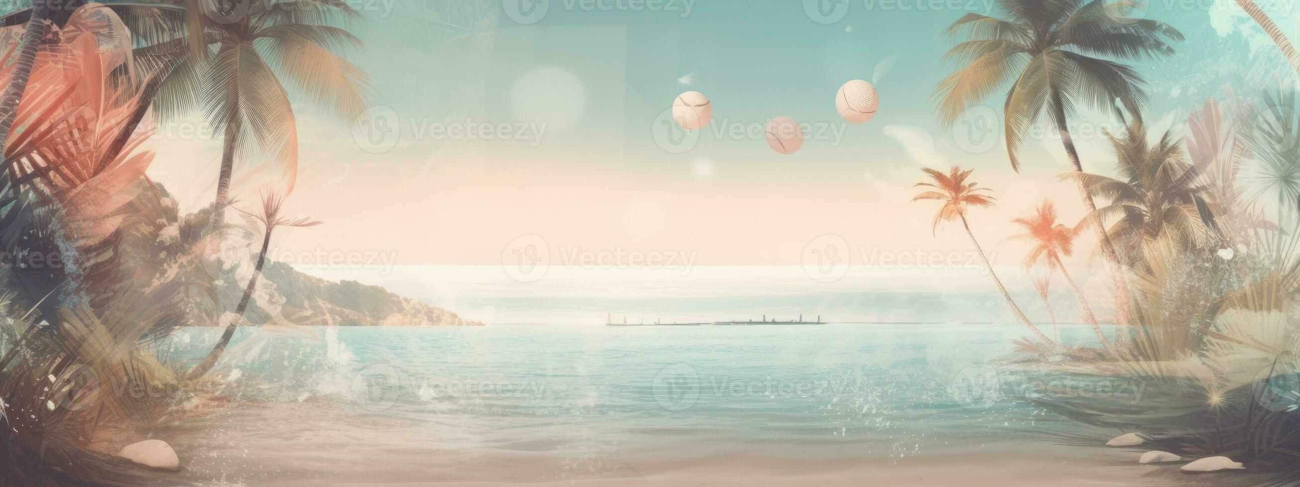 Beach background with coral, seashells and palm trees. Spectacular pastel color backdrops. Concept Banner for web. Generative AI. photo