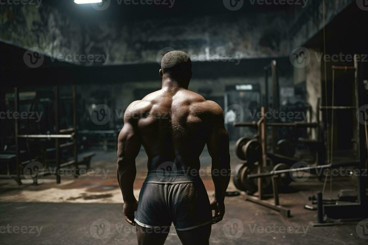 Back view of black bodybuilder in grunge gym . Generative AI. photo