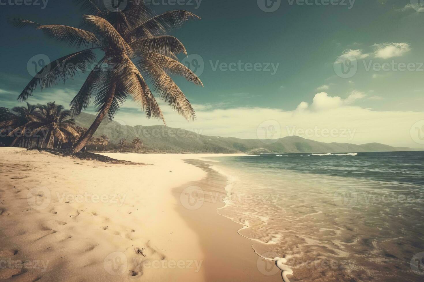 Sand beach scene with palm tree and crystal clear water at sunset. Generative AI photo