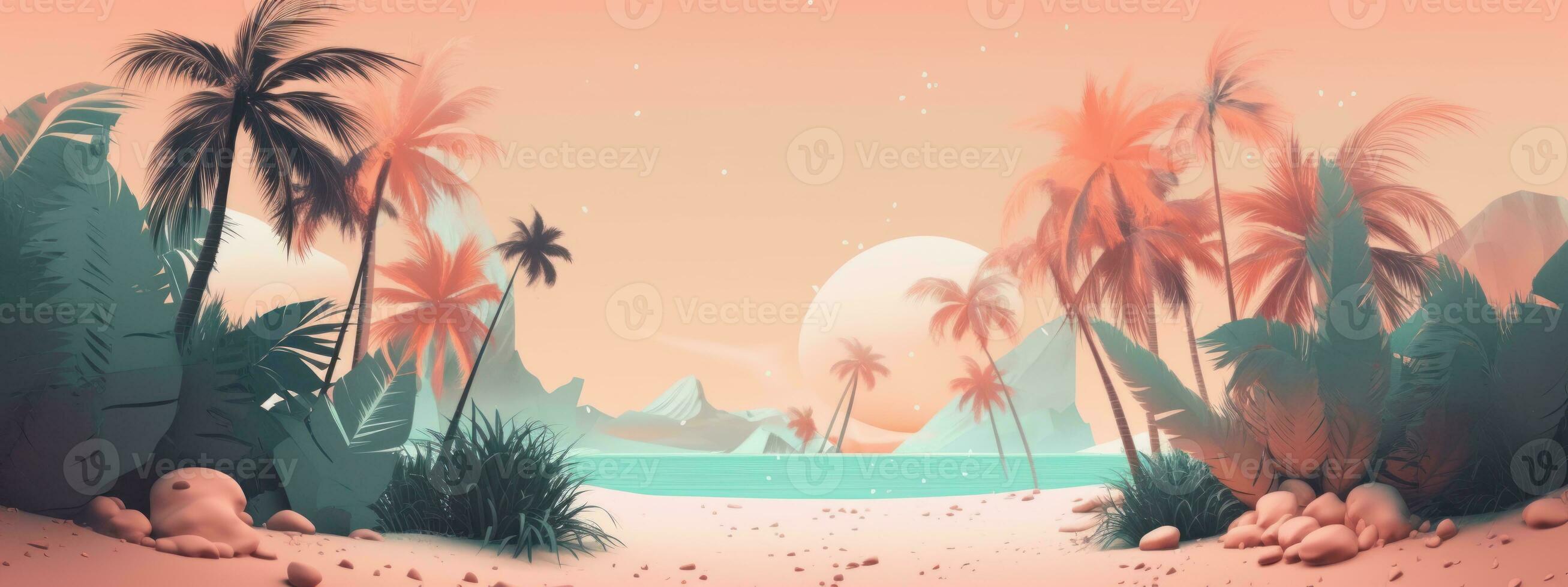 Beach background with coral, seashells and palm trees. Spectacular pastel color backdrops. Concept Banner for web. Generative AI. photo