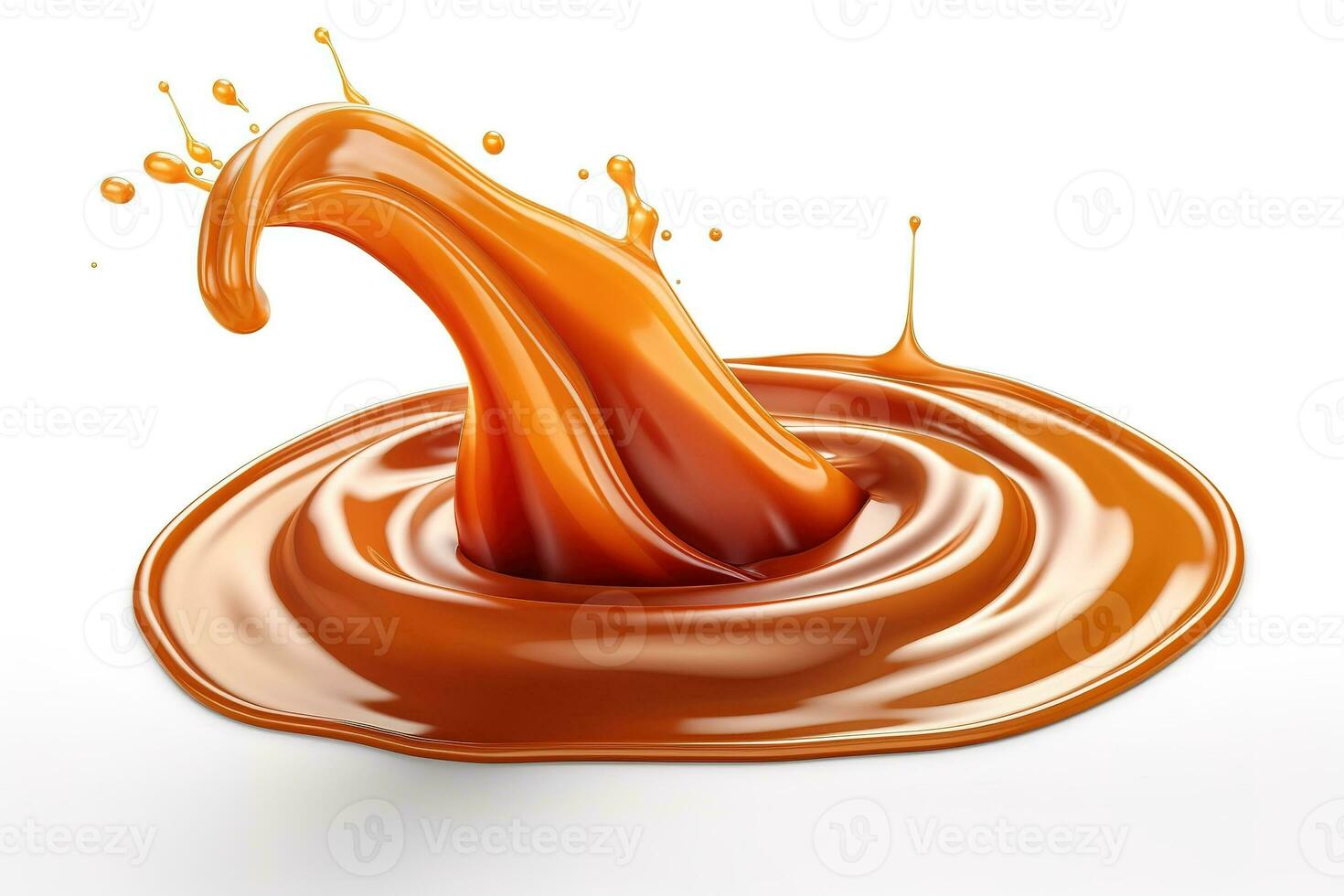 Liquid sweet melted caramel, delicious caramel sauce swirl splash on white background. Generative AI photo