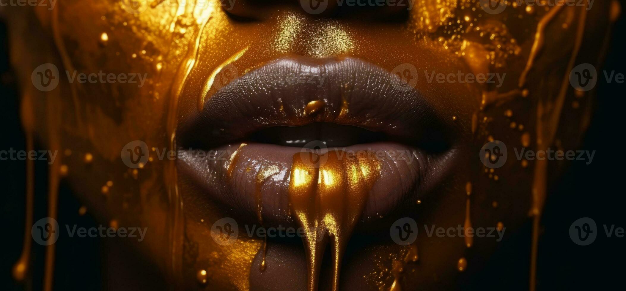 Close up of copper paint on the lips of a beautiful vampire woman with a little open mounth. Generative AI. photo
