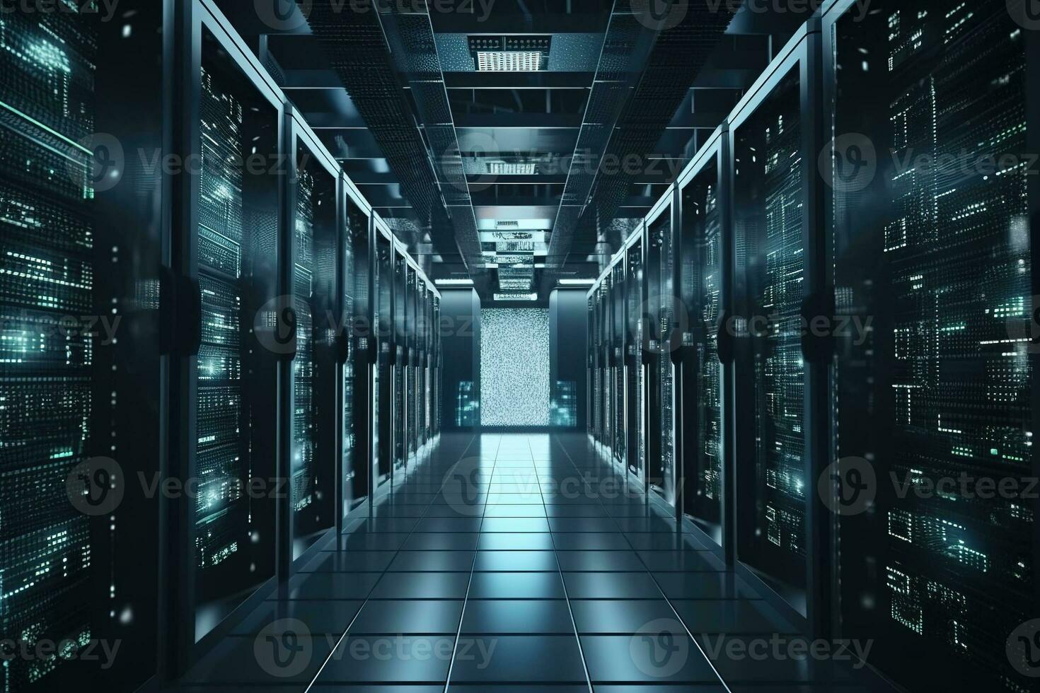 Server room of storage systems and connect of data on internet network business. Generative AI. photo