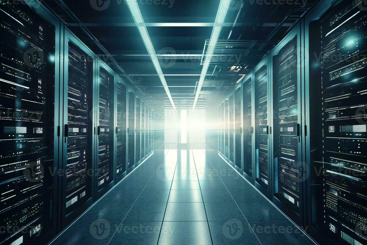 Server room of storage systems and connect of data on internet network business. Generative AI. photo