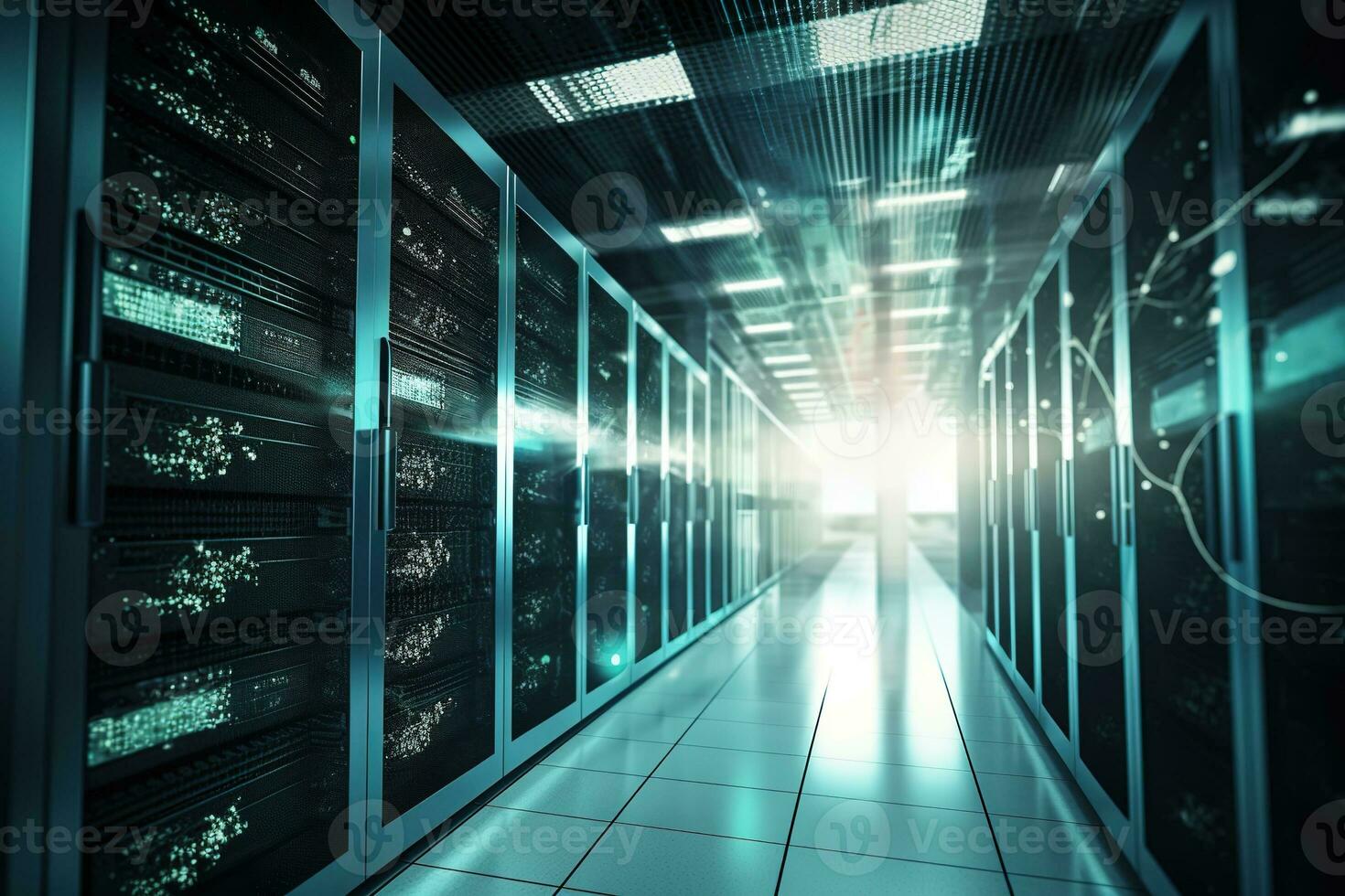 Server room of storage systems and connect of data on internet network business. Generative AI. photo