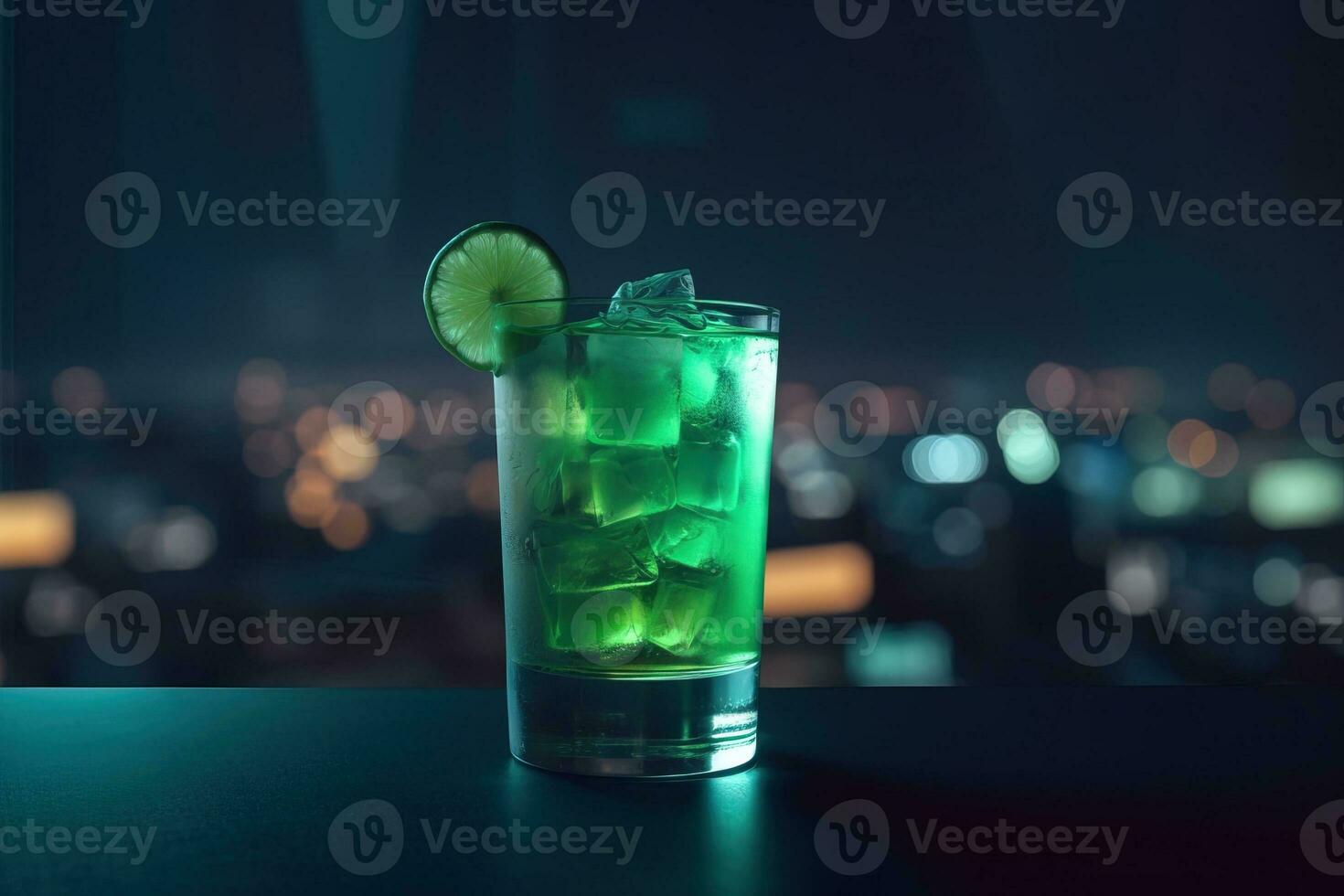 Green fruit cocktail with blurry city background. Generative AI. photo