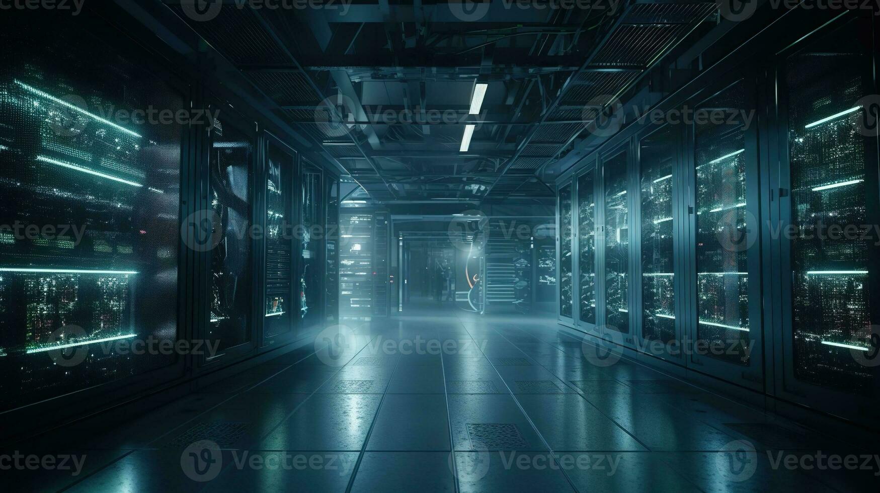 Interior of Data Center with multiple rows of server racks. Cloud computing, artificial neural intelligence, database, super computer technology concept. Generative ai photo