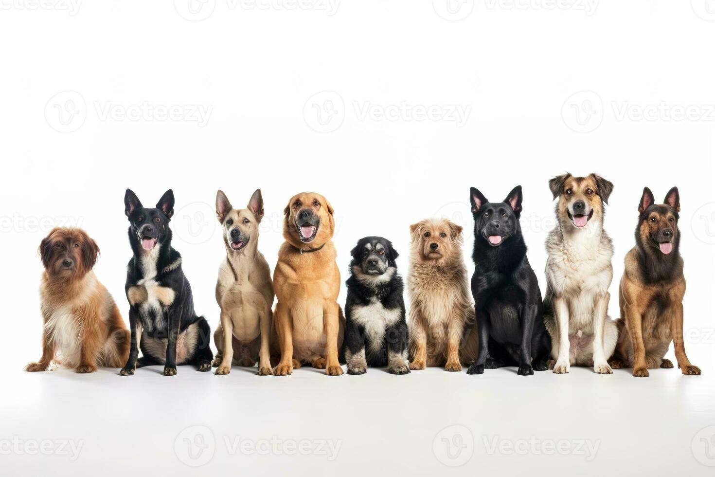 Group of mixed breed dogs sitting in a row on white background. Domestic Animal Banner concept. Generative AI photo