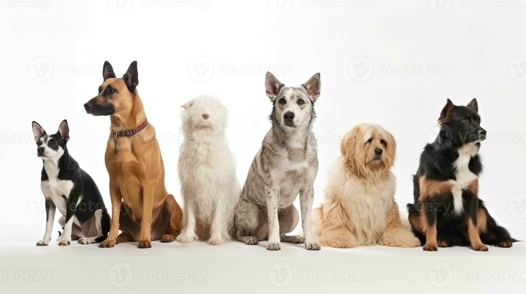 Group of mixed breed dogs sitting in a row on white background. Domestic Animal Banner concept. Generative AI photo