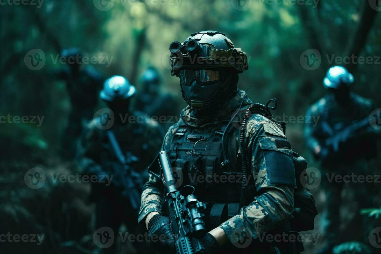 Special Forces Military Unit in full tactical gear , walking in the jungle. Generative AI photo