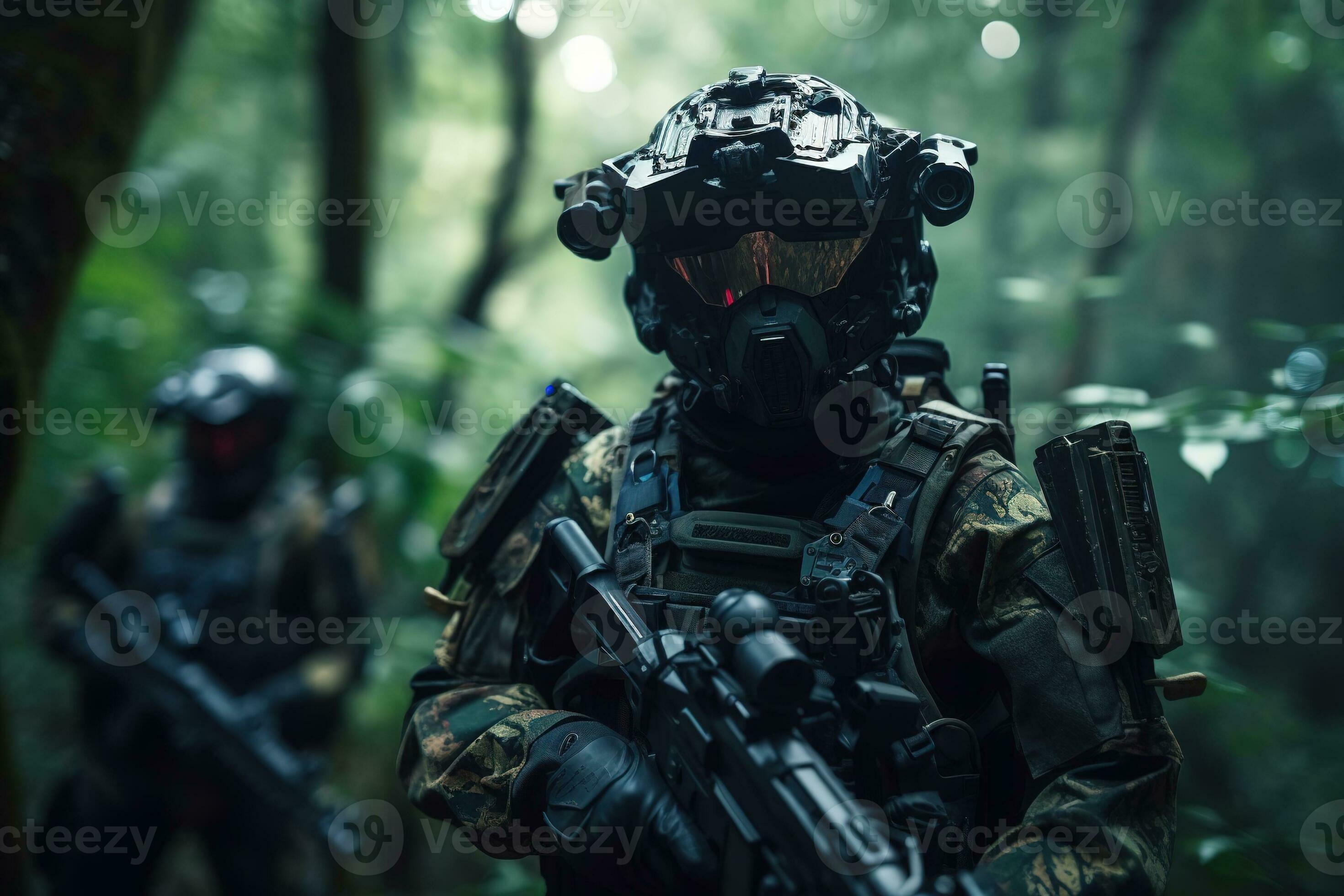 Special Forces Military Unit in full tactical gear , walking in the jungle.  Generative AI 31552480 Stock Photo at Vecteezy