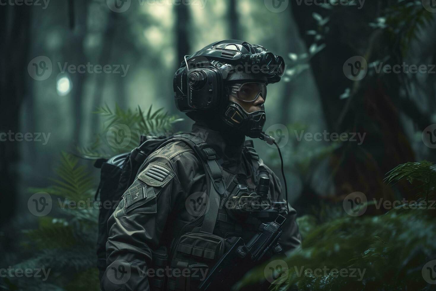 Special Forces Military Unit in full tactical gear , walking in the jungle. Generative AI photo