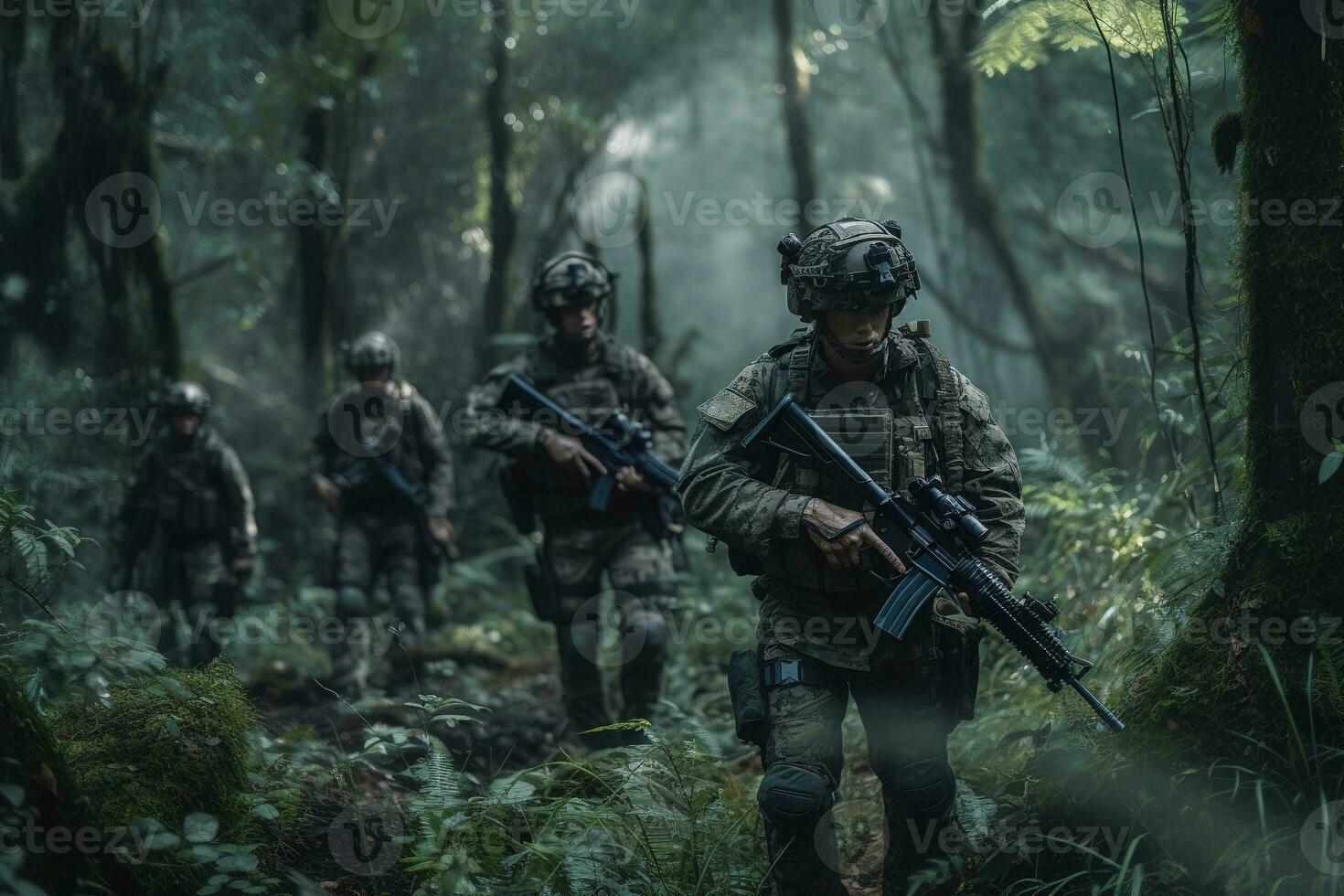 especial efectivo militar unidad en lleno táctico engranaje , caminando en el selva. generativo ai foto