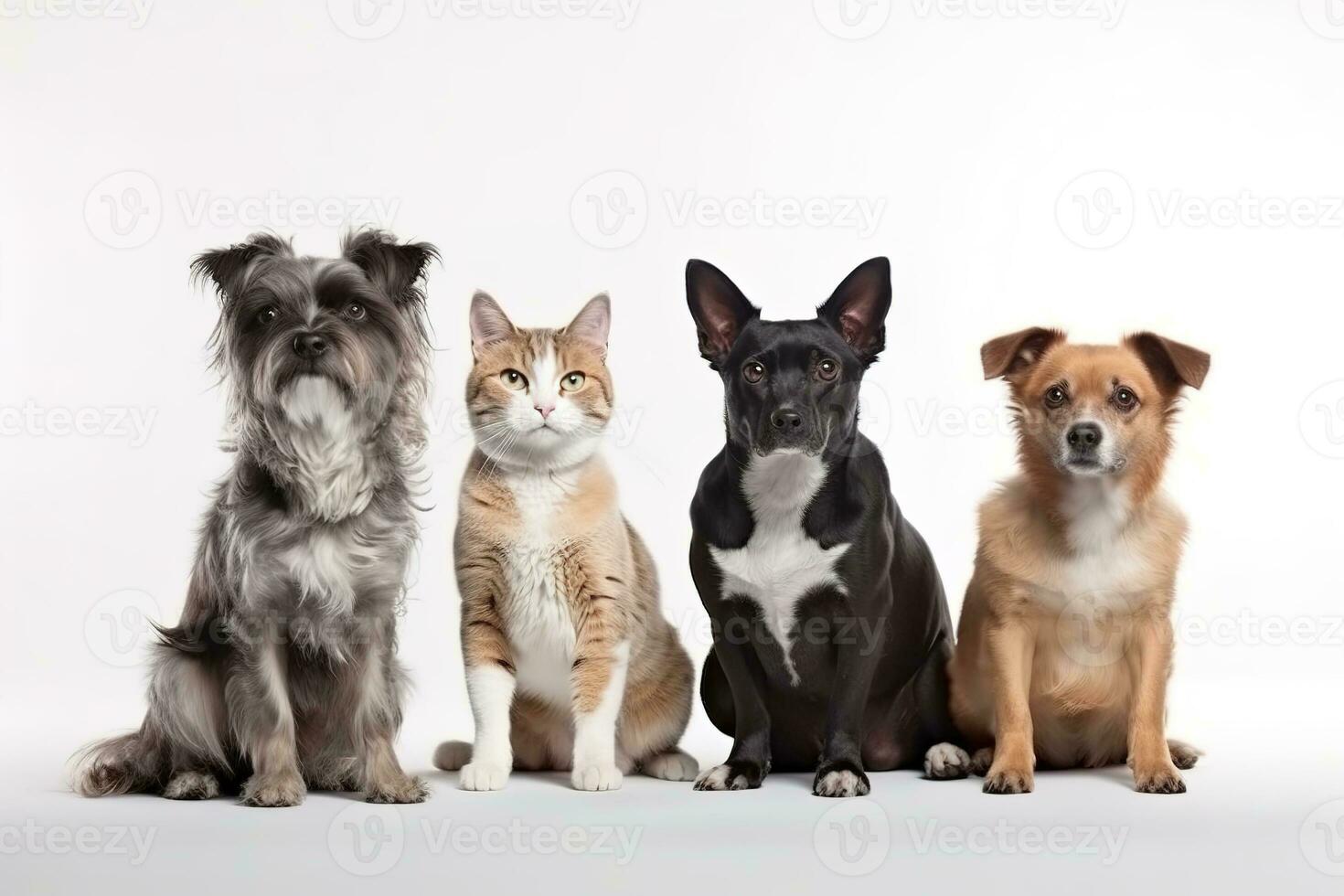 Group of mixed breed dogs and cat sitting in a row on white background. Domestic Animal Banner concept. Generative AI photo