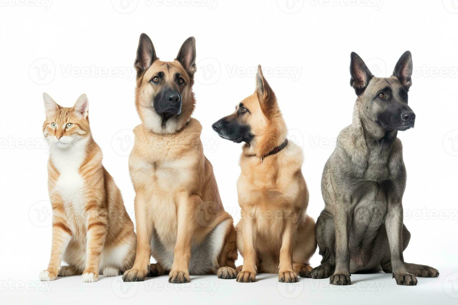 Group of mixed breed dogs and cat sitting in a row on white background. Domestic Animal Banner concept. Generative AI photo