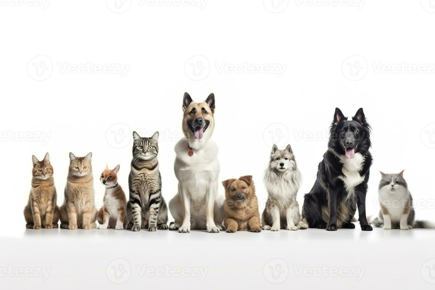 Group of mixed breed dogs and cat sitting in a row on white background. Domestic Animal Banner concept. Generative AI photo