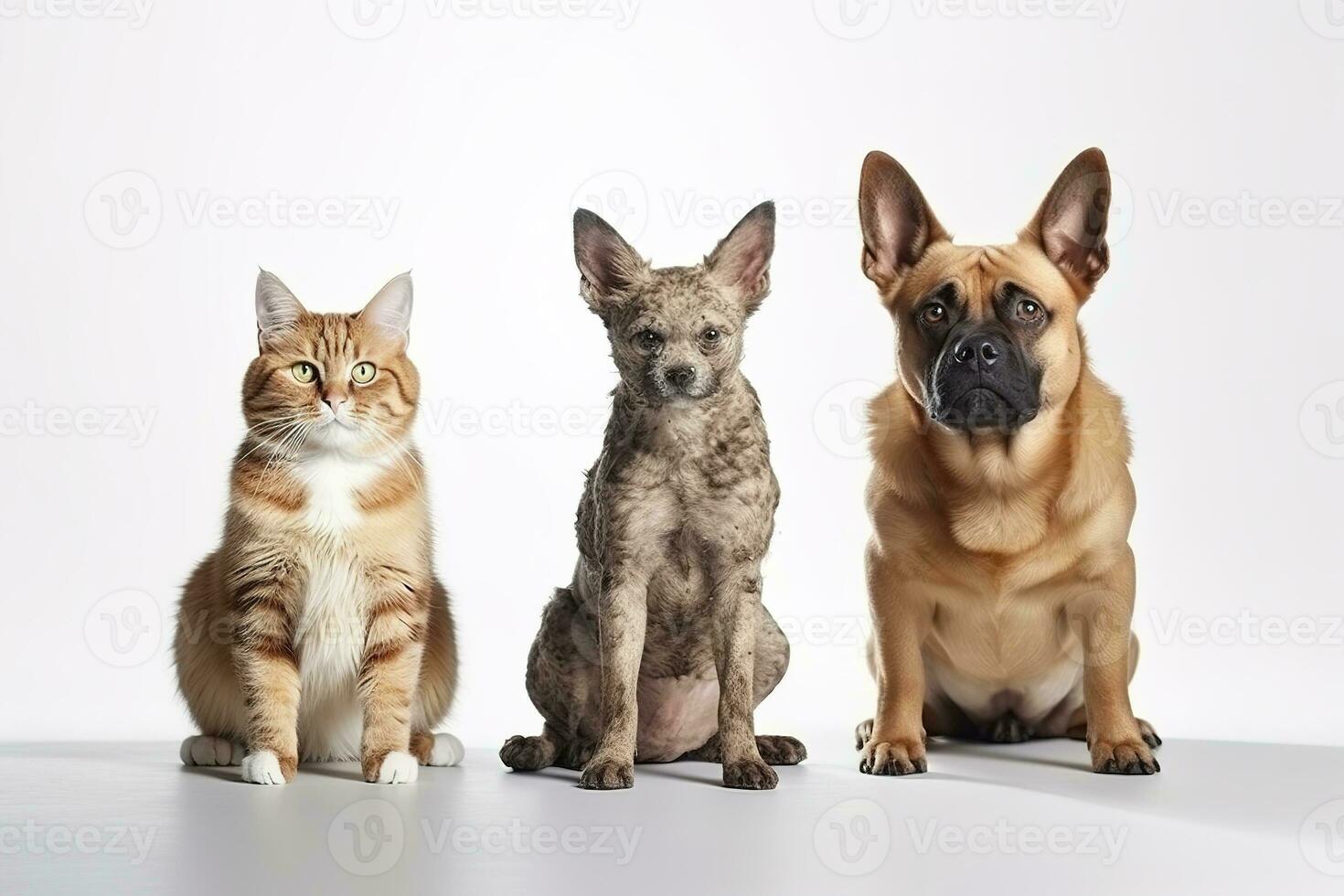 Group of mixed breed dogs and cat sitting in a row on white background. Domestic Animal Banner concept. Generative AI photo