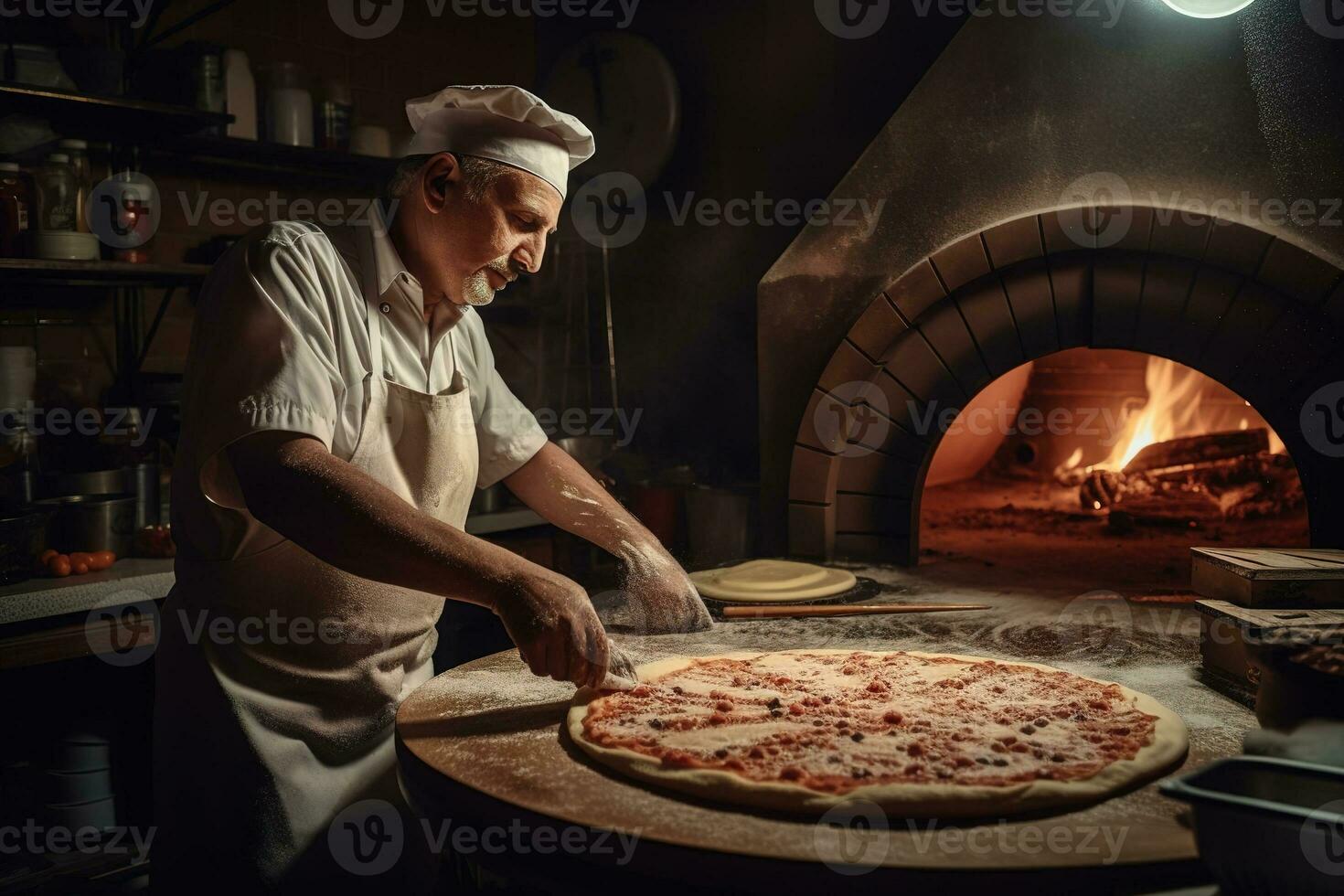 Pizza maker prepares a pizza in a typical pizzeria, Pizza margherita is ready for cooking, behind him there is the oven on, on the pizza there is basil, mozzarella and tomato. Generative AI. photo