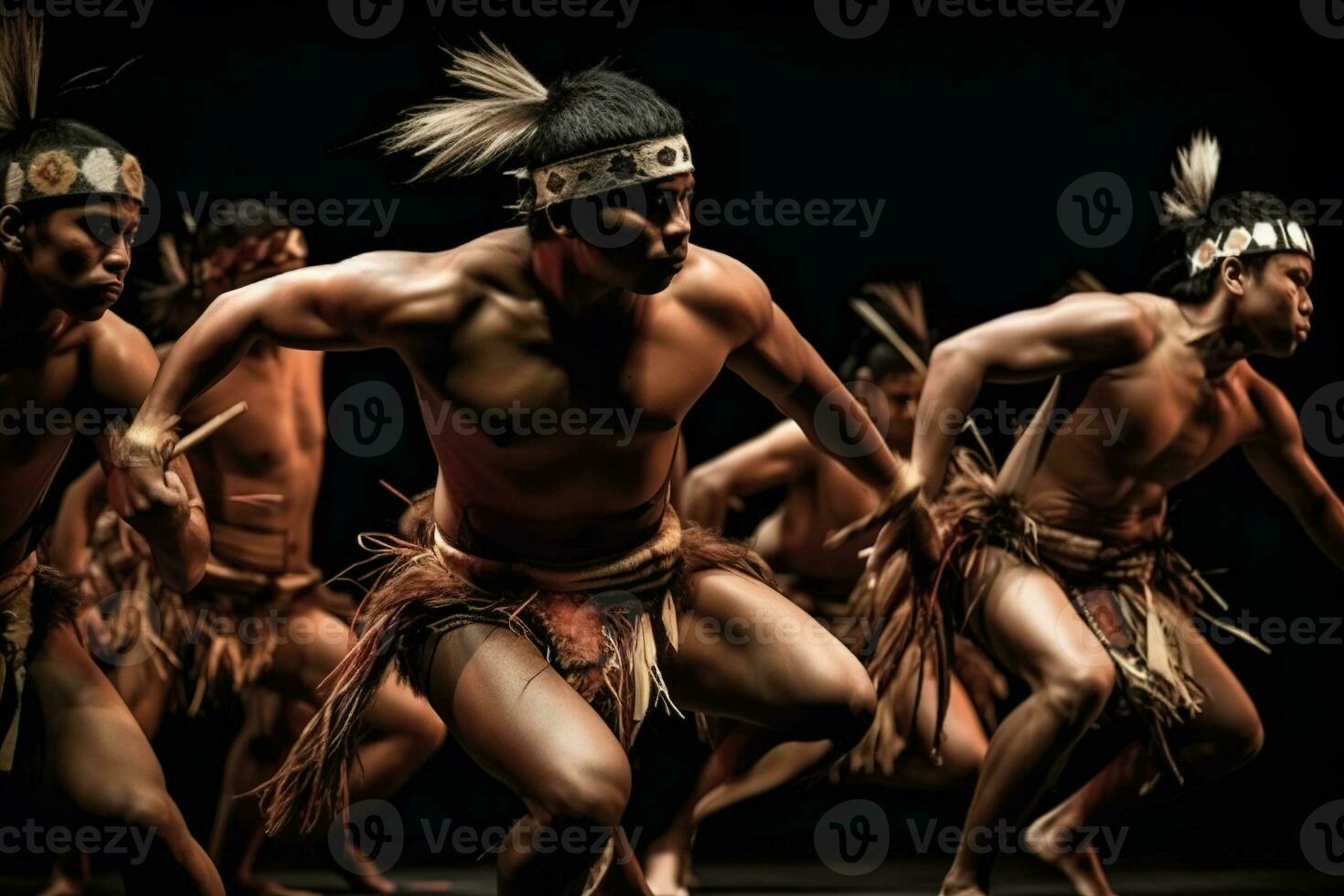 Native American performers in a Contest dance, bodies angled in profile as they paddle one leg and outstretch the other. Generative AI photo