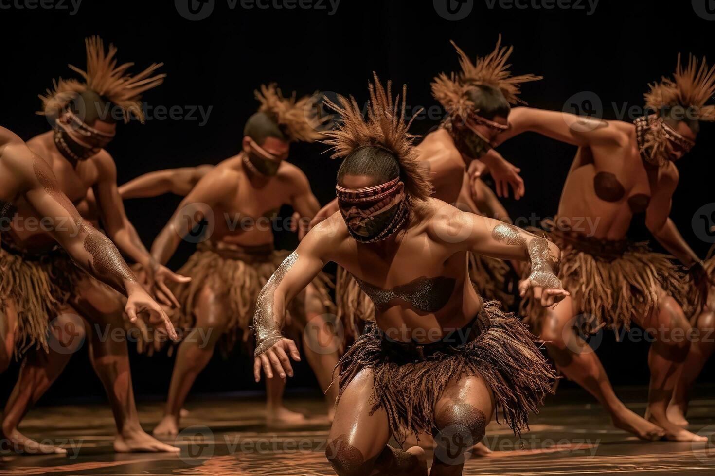 Native American performers in a Contest dance, bodies angled in profile as they paddle one leg and outstretch the other. Generative AI photo