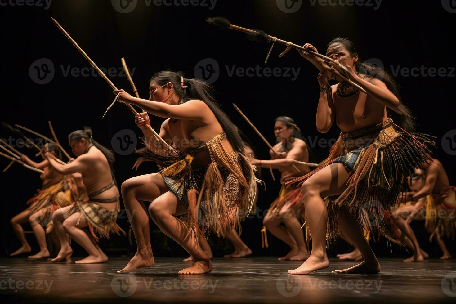 Native American performers in a Contest dance, bodies angled in profile as they paddle one leg and outstretch the other. Generative AI photo
