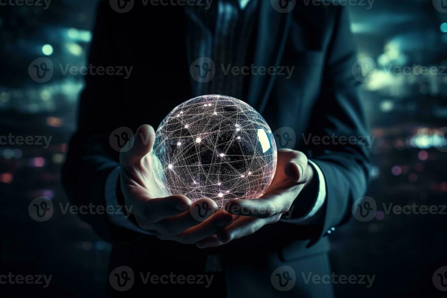 Close up hands of Businessman holding global network connection. Generative AI photo