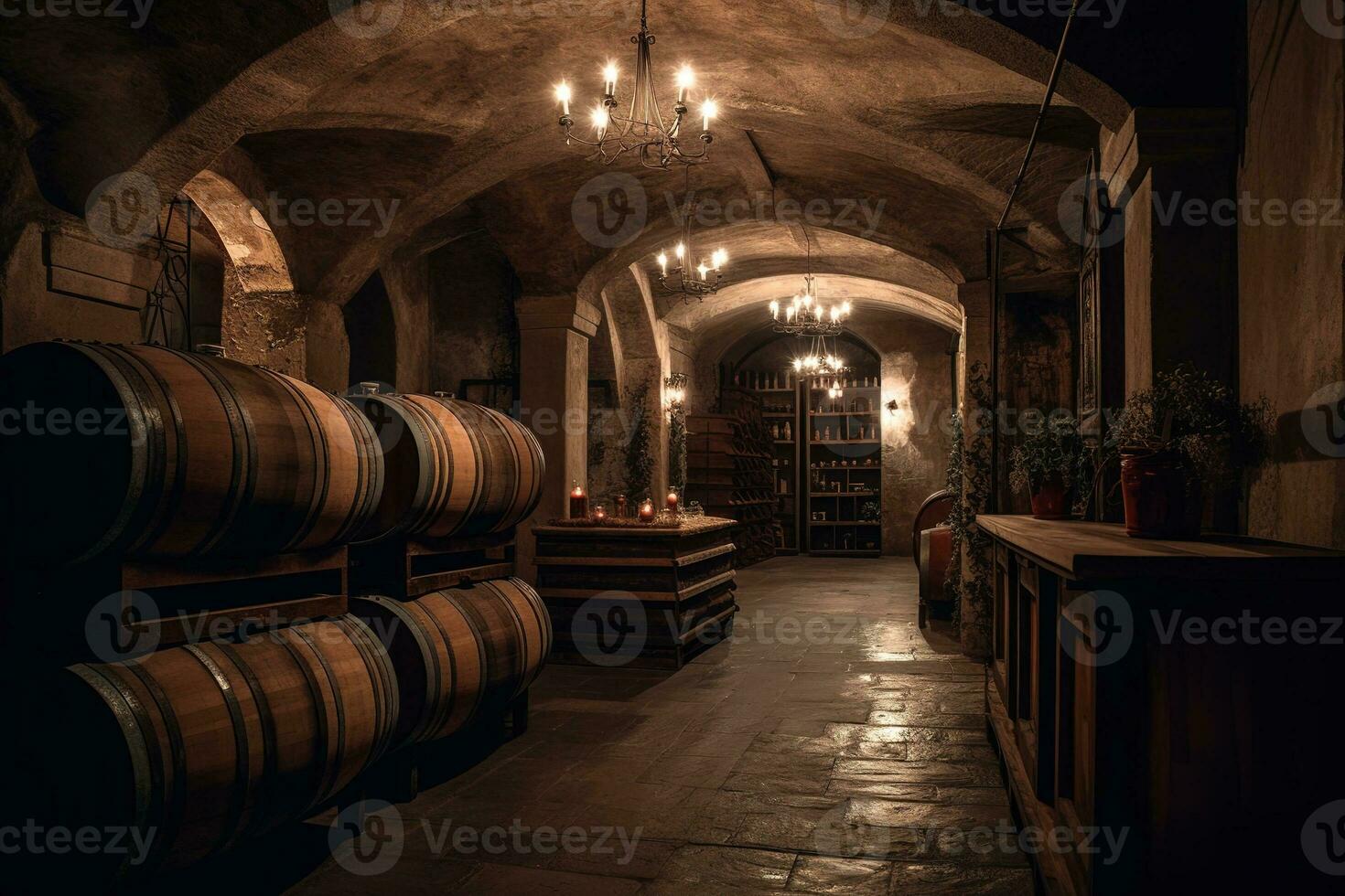 Beautiful Wine cellar with a row of barrels. Generative ai photo