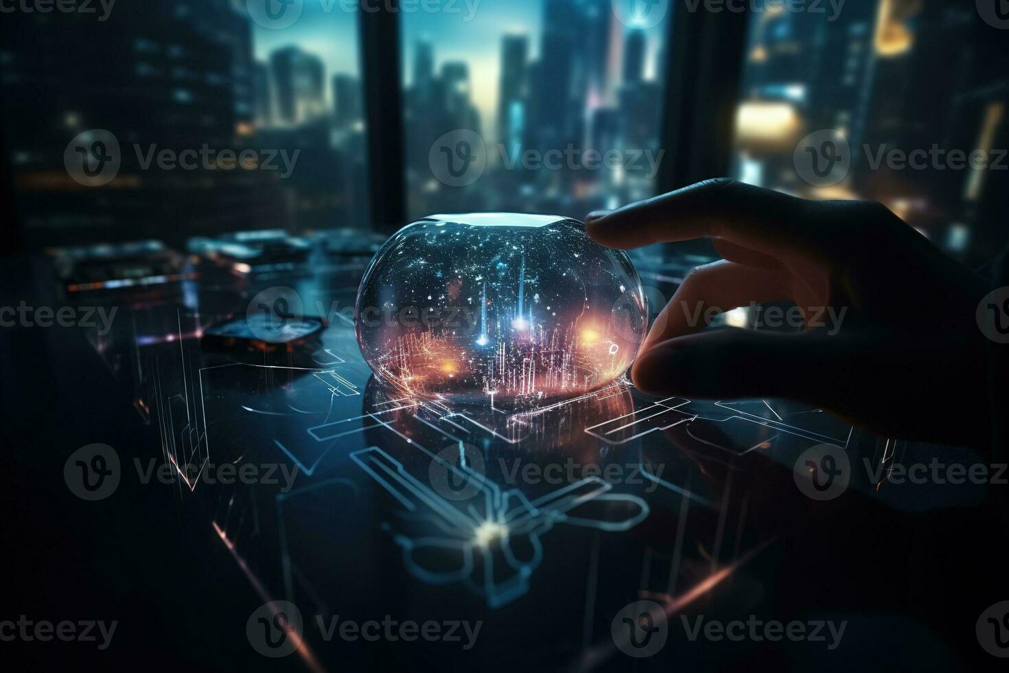 Close up hands of Businessman holding global network connection on social networking hologram. Generative AI. photo