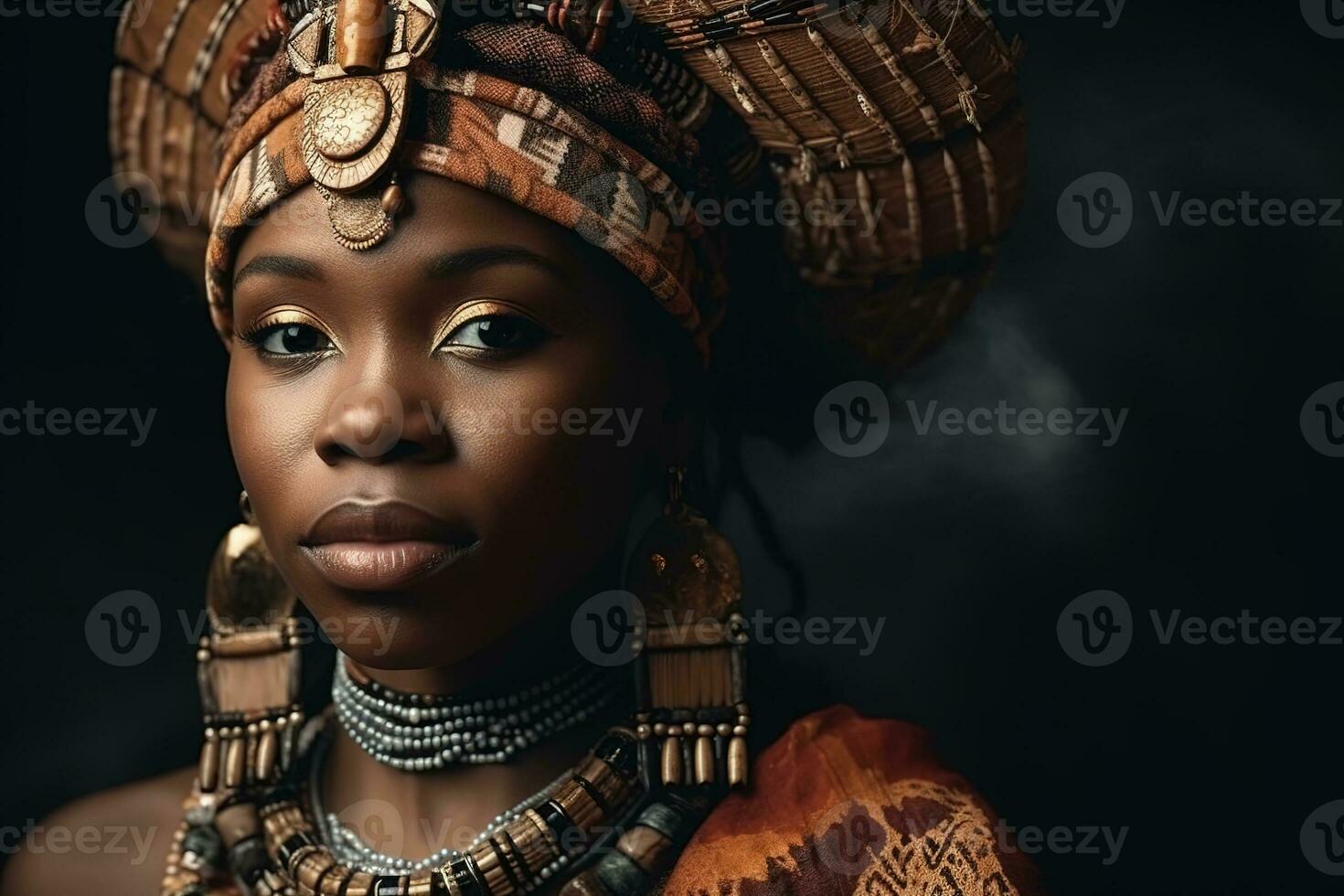 A portrait of African woman in traditional headdress. Generative AI photo