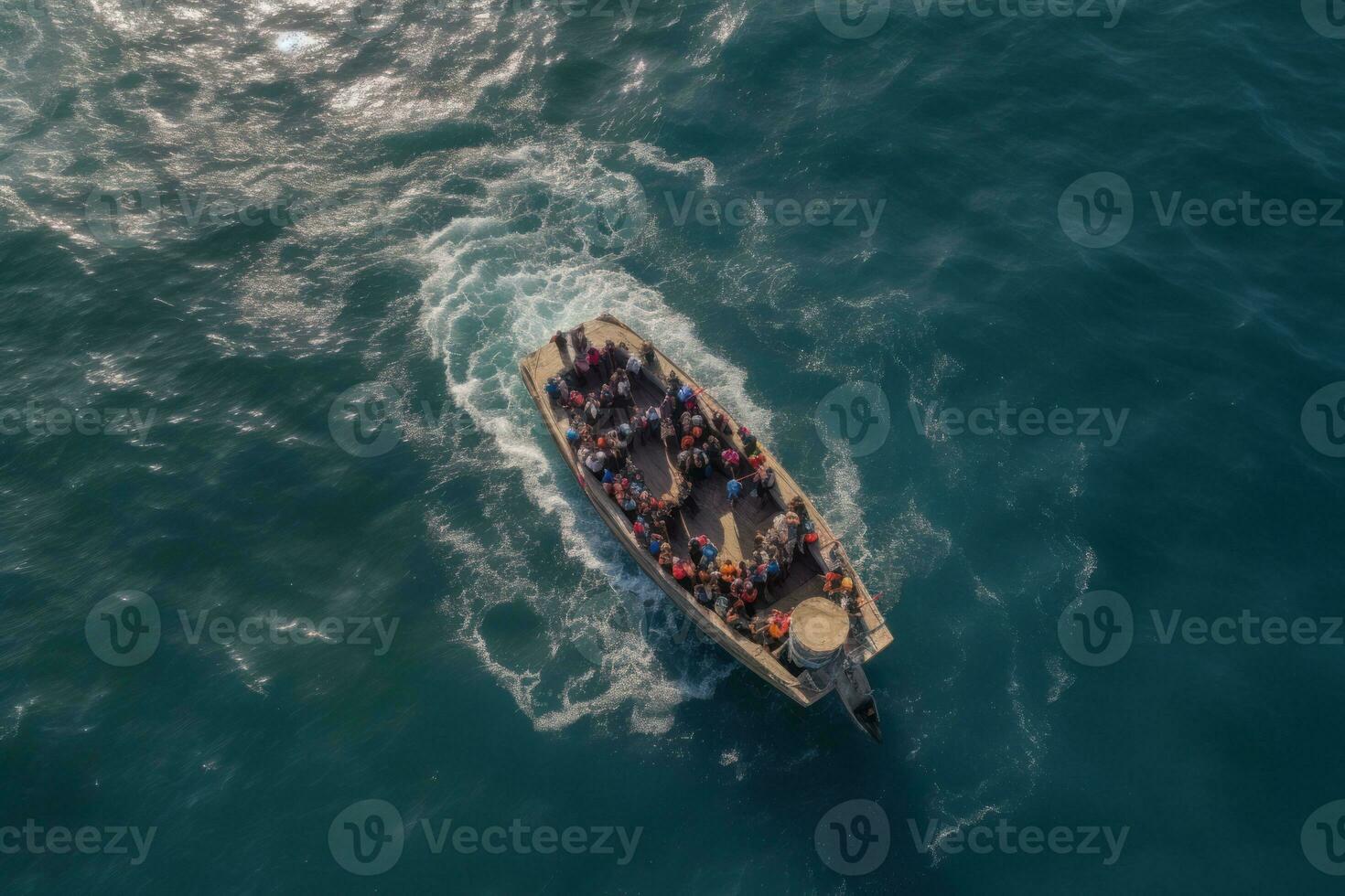 Top view of Mediterranean migrants into the sea with their boat during illegal immigration. Generative AI photo