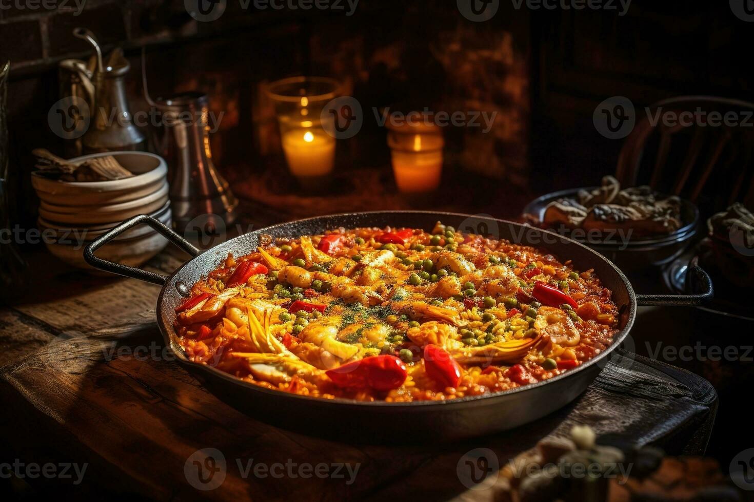 Spanish paella on dark wooden table with ingredients. Generative AI. photo
