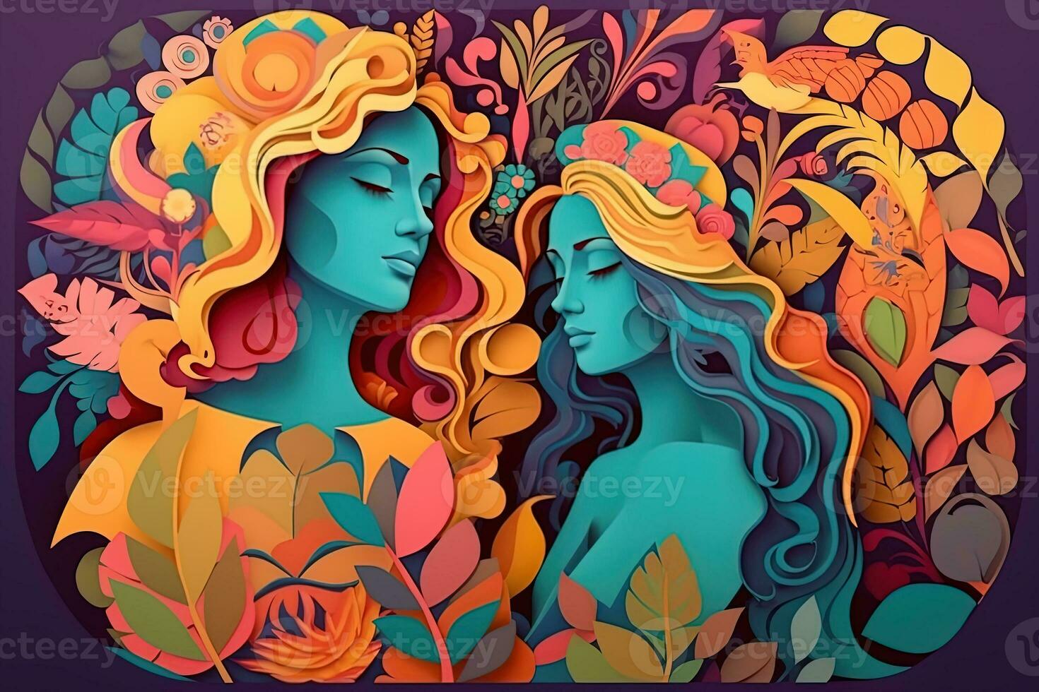 Psychedelic vector illustration. Concept Summer Of love 1969. Generative AI photo