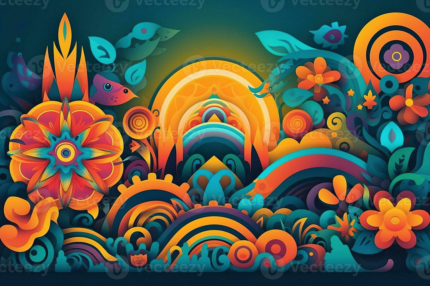 Vector paper cutout psychedelic colorful illustration. Concept peace and love sixties photo