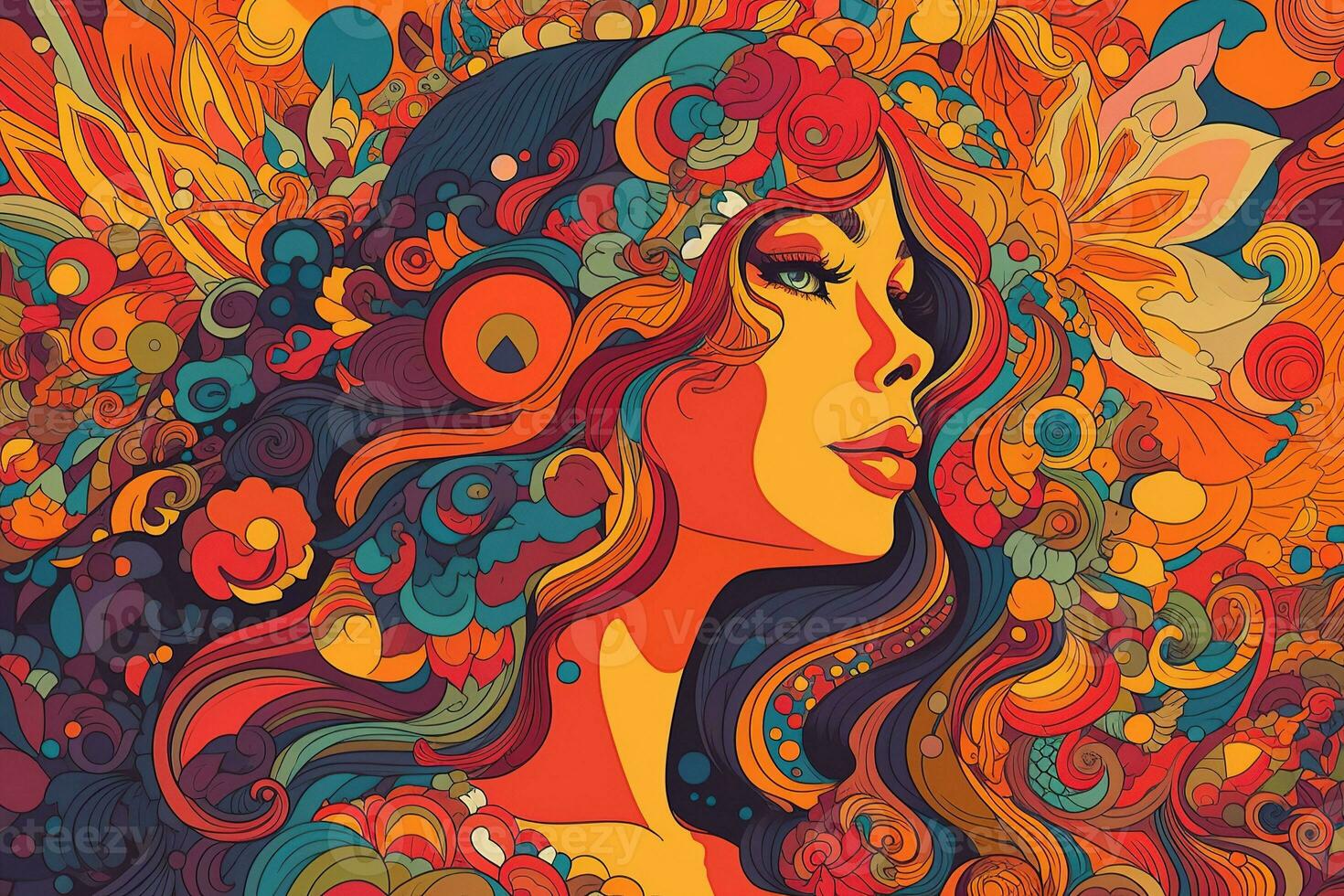 Psychedelic vector illustration. Concept Summer Of love 1969. Generative AI photo