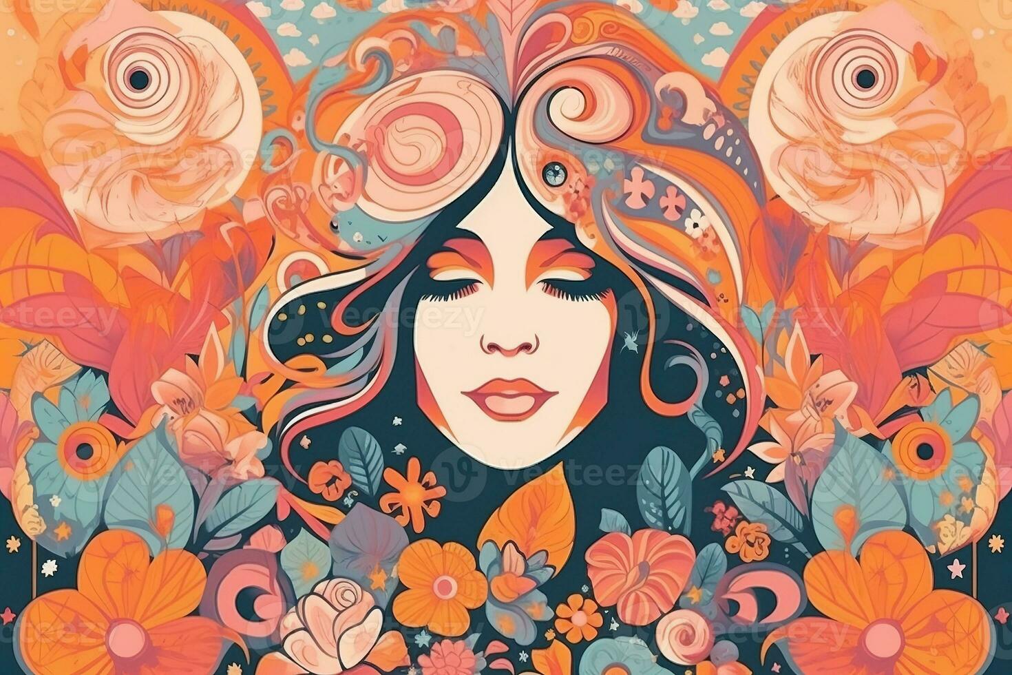 Psychedelic vector illustration. Concept Summer Of love 1969. Generative AI photo