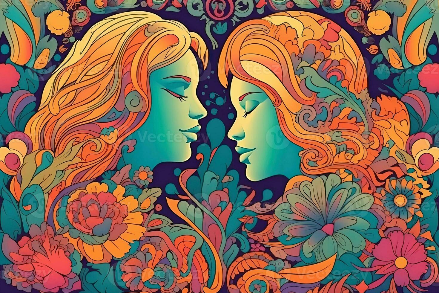 Psychedelic vector illustration. Concept Summer Of love 1969. Generative AI photo