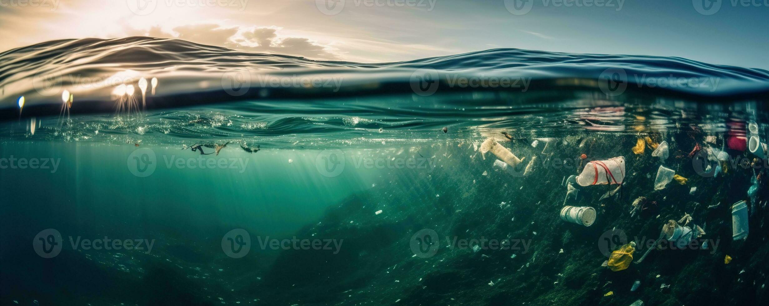 Plastic bottles and plastic bags floating in ocean. Ocean pollution ecology concept. Generative AI. photo