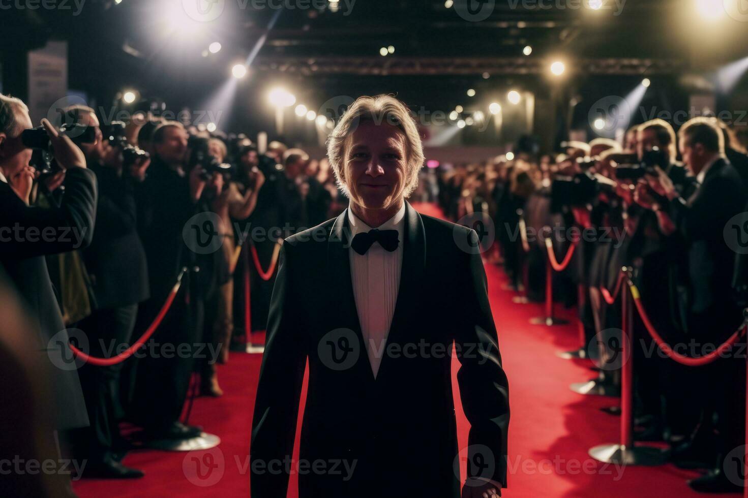 A glamourous celebrity posing for paparazzi pictures on the red carpet at an awards show. Generative AI photo