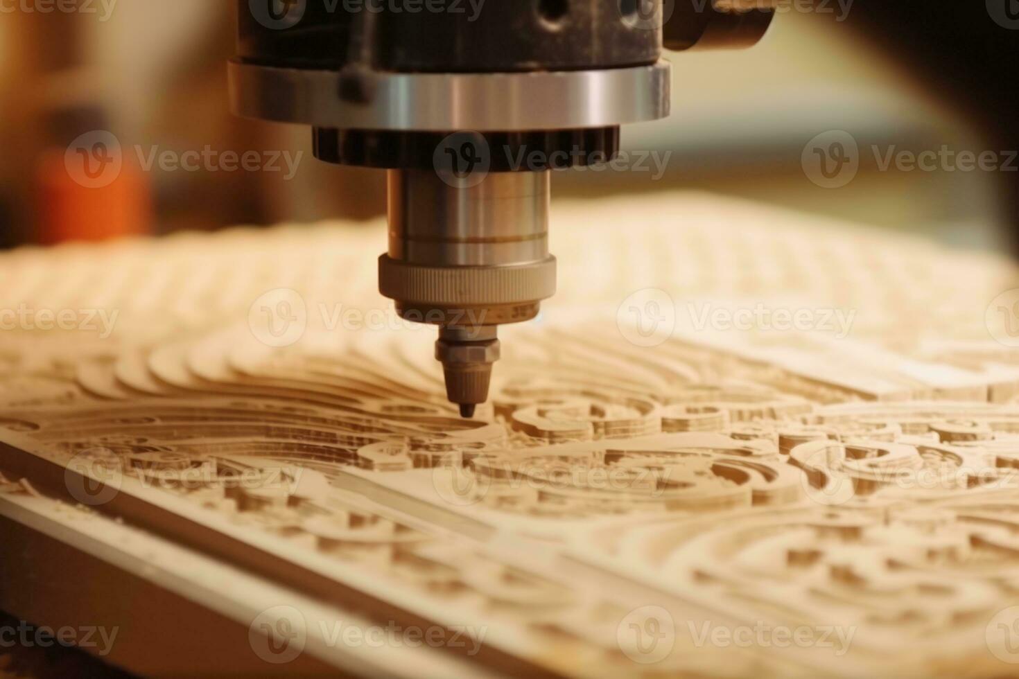 A close-up shot of a CNC machine in action, cutting intricate patterns into a wooden surface with high precision. Generative AI photo