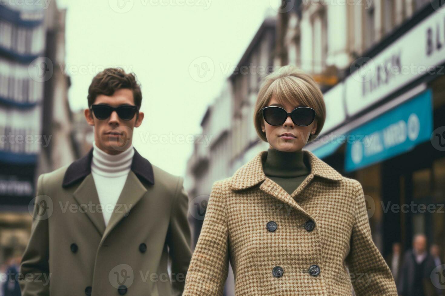 A stylish couple in trendy 1960s fashion walking down a bustling London street, showcasing the iconic mod style of the era. Generative Ai photo