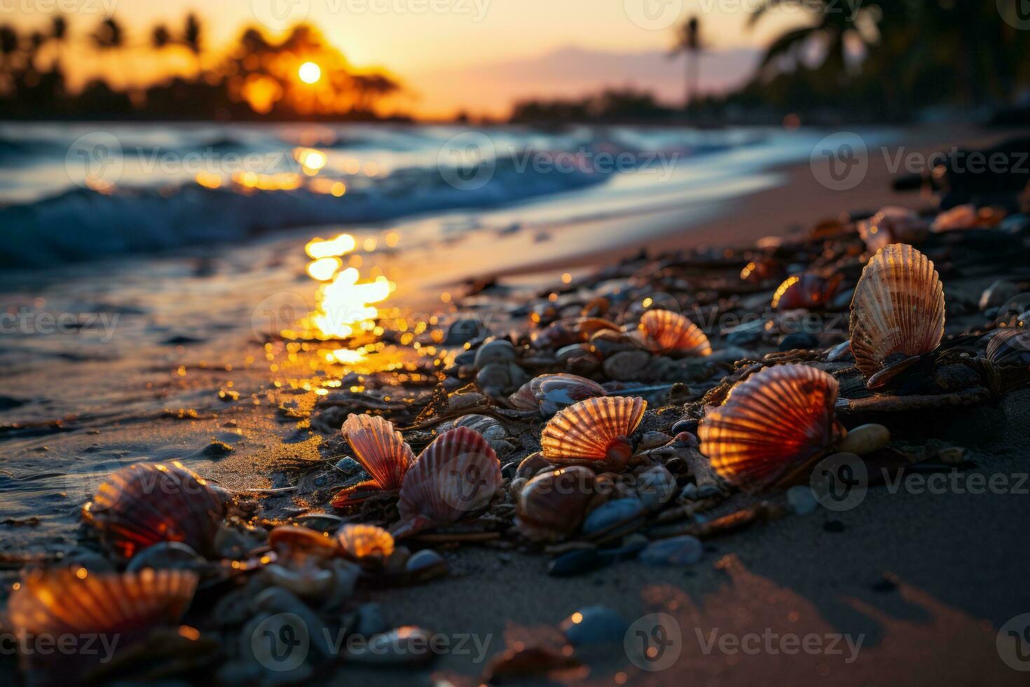 A beach sunset scene with a layer overlay of palm leaves and seashells, evoking a tropical and relaxing ambiance. Generative AI photo