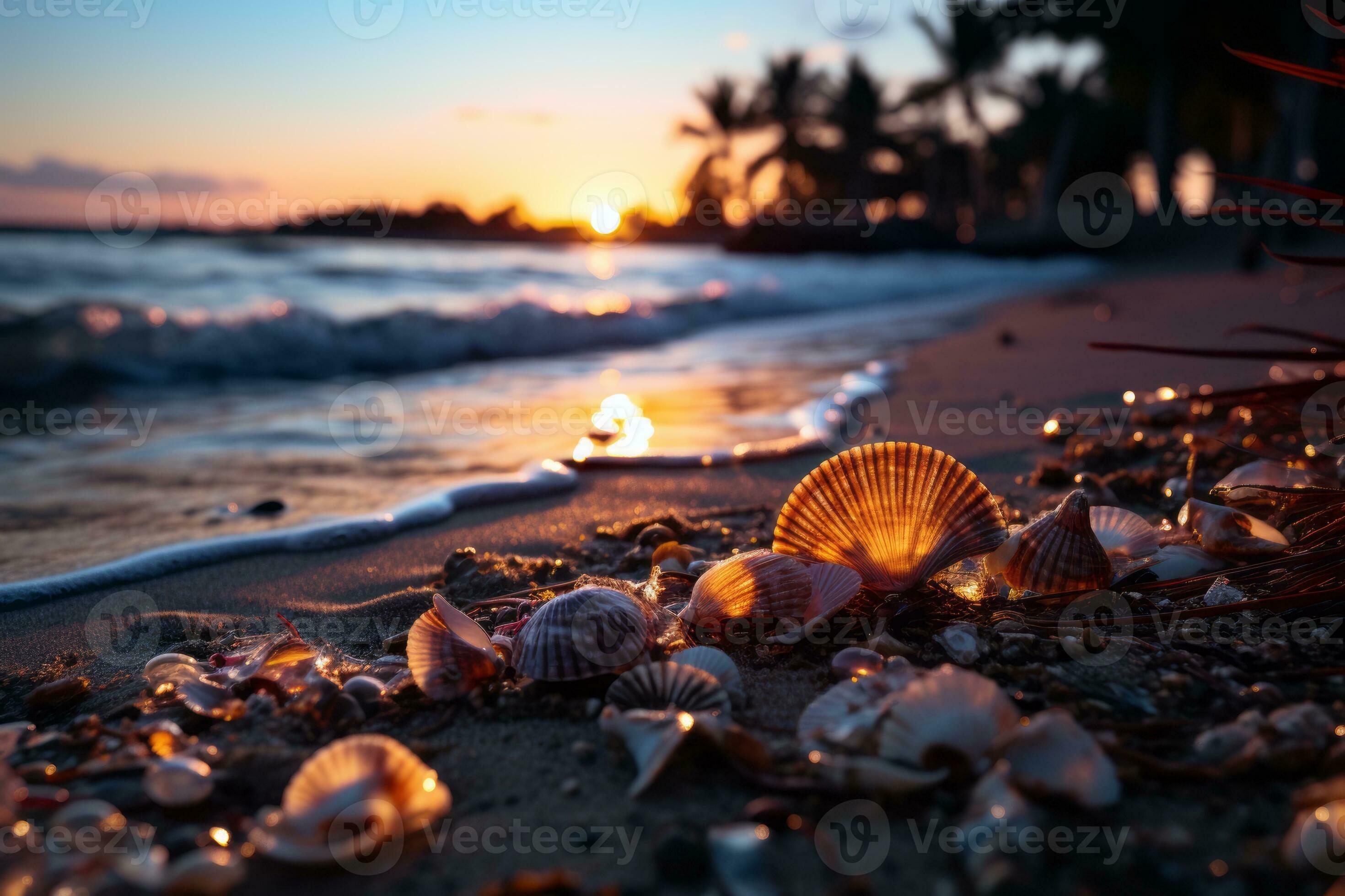 A beach sunset scene with a layer overlay of palm leaves and seashells