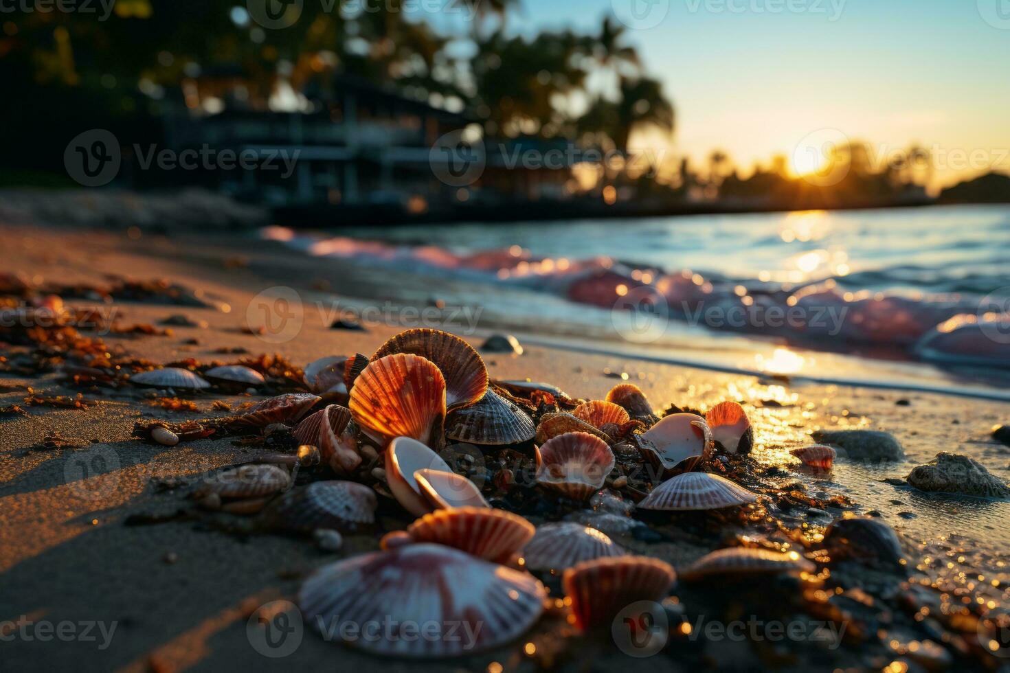 A beach sunset scene with a layer overlay of palm leaves and seashells, evoking a tropical and relaxing ambiance. Generative AI photo