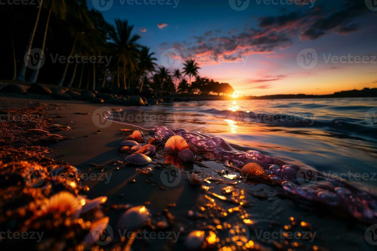 A beach sunset scene with a layer overlay of palm leaves and seashells, evoking a tropical and relaxing ambiance. Generative AI photo