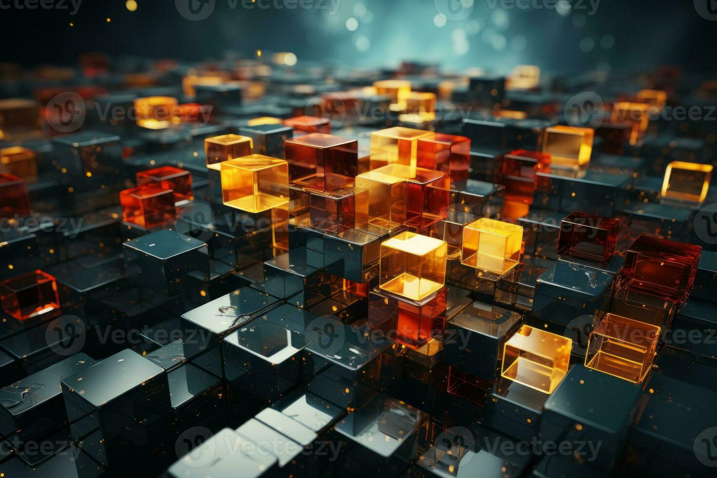 Abstract 3d render composition of colorful glossy cubes. The cubes vary in size, shape, and color, creating a vibrant and dynamic scene. Generative AI photo