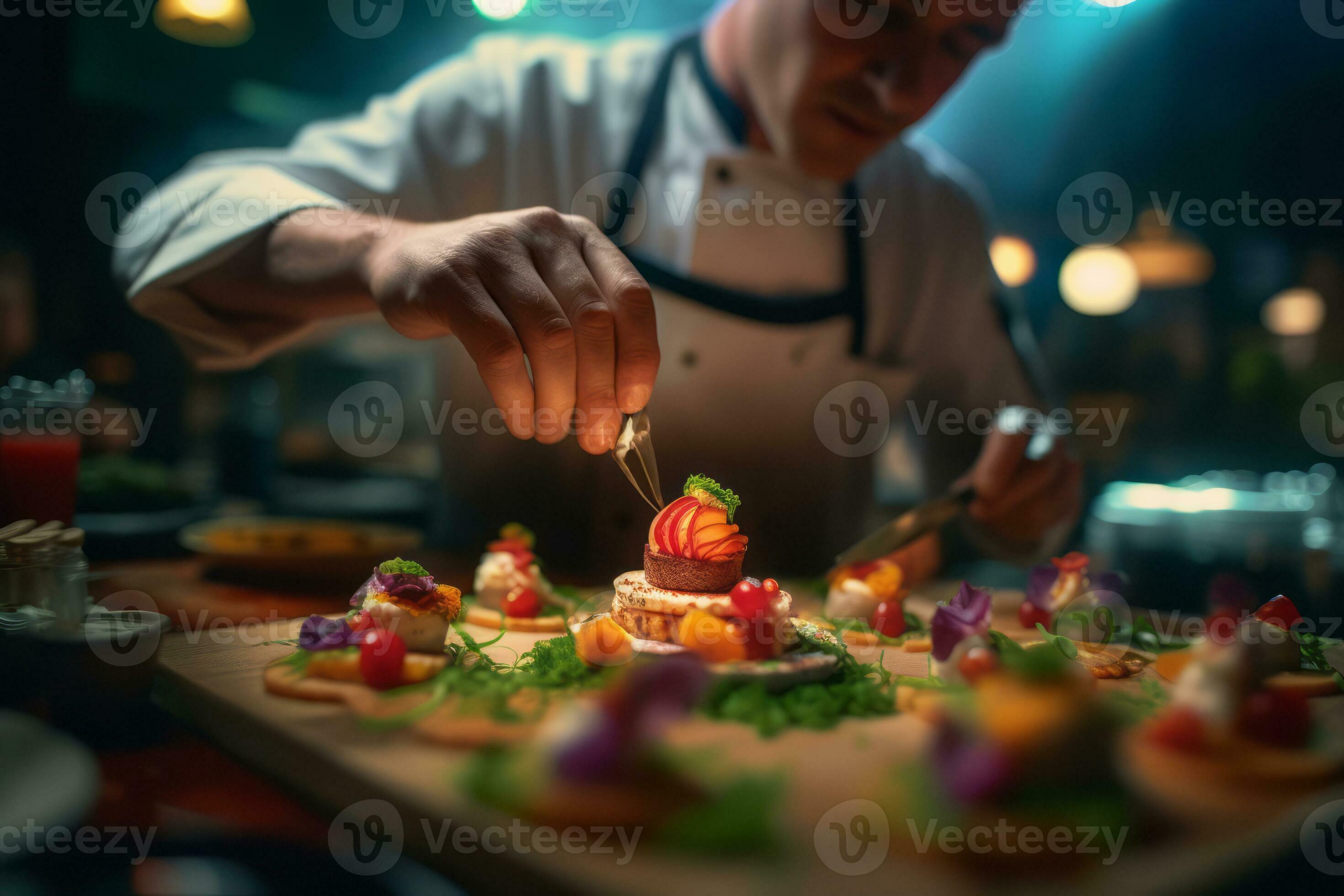 A chef showcasing culinary expertise, adding finishing touches to a